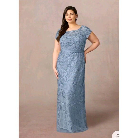 AZAZIE 'Dorit' Size A16 Dusty Blue Sheath Scoop Lace Dress Formal Gown - Picture 1 of 12